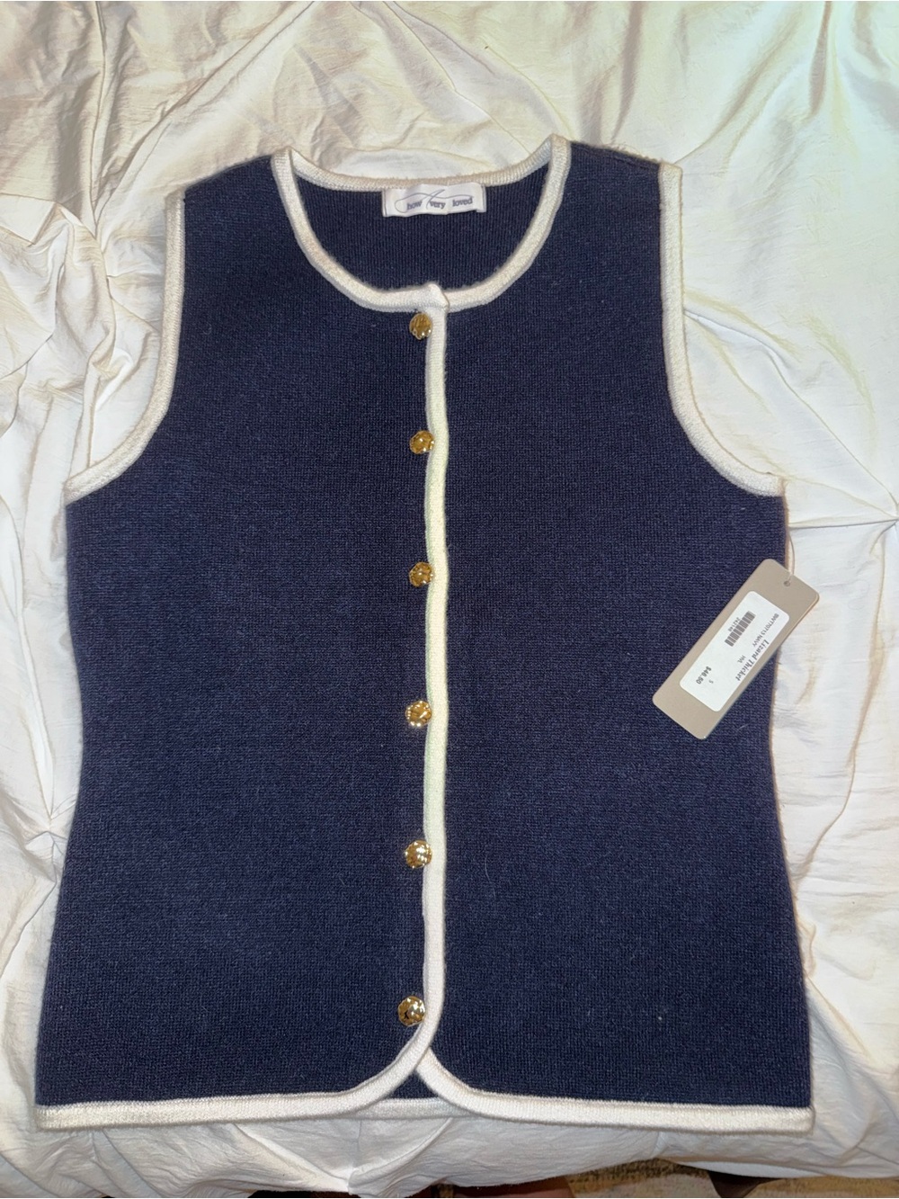 Lizard Thicket Navy Knit Vest with White Trim and Gold Buttons
